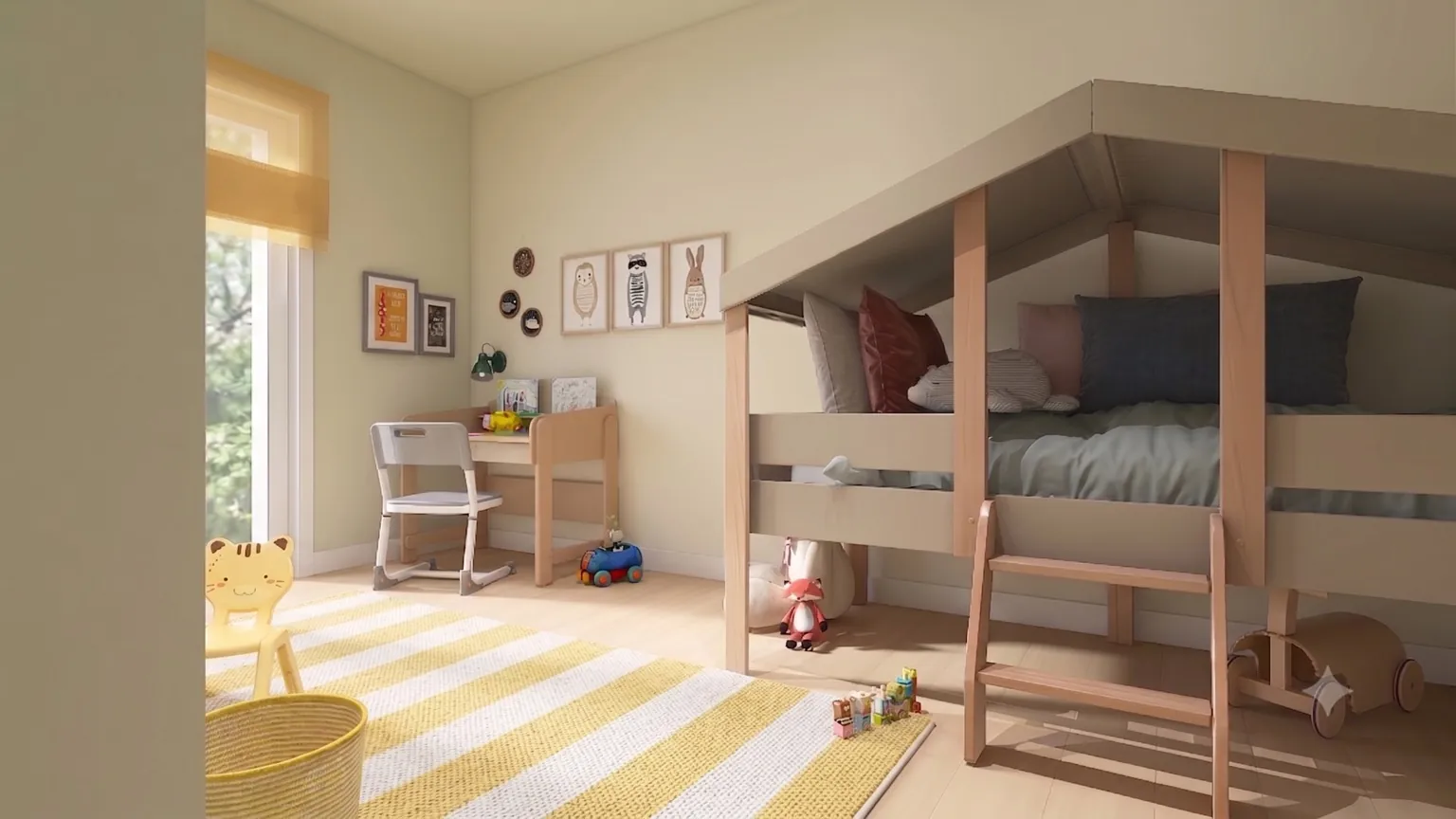 Kinderzimmer mit Hochbett und Arbeitsplatz