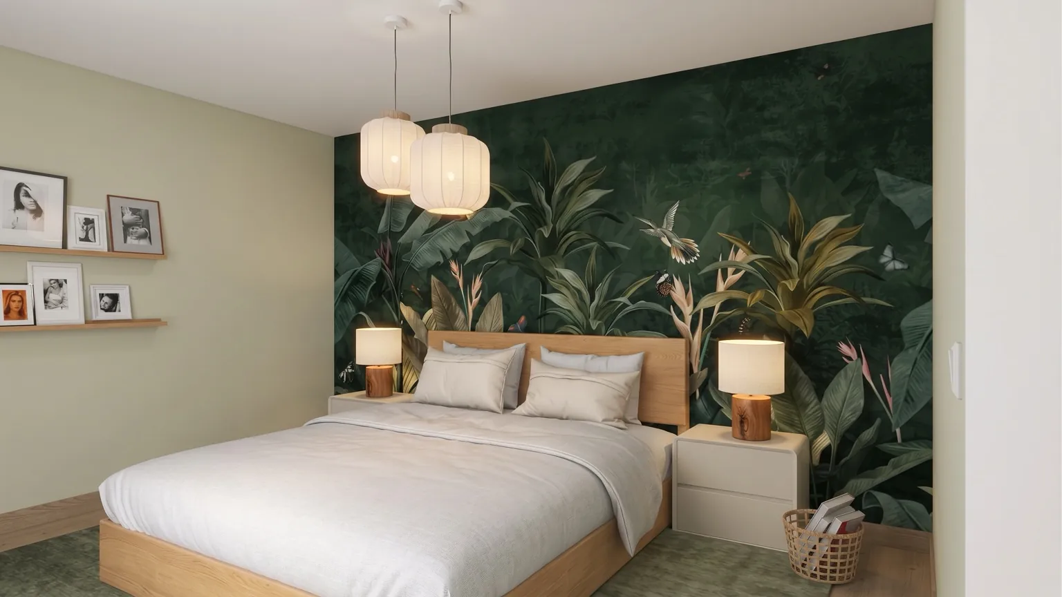 Schlafzimmer mit botanischer Akzentwand