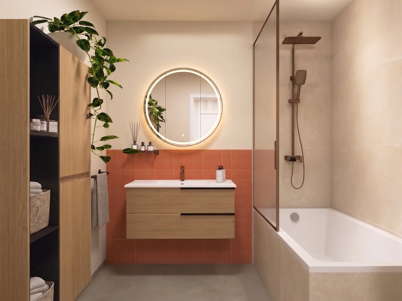 Badezimmer mit korallfarbenen Fliesen