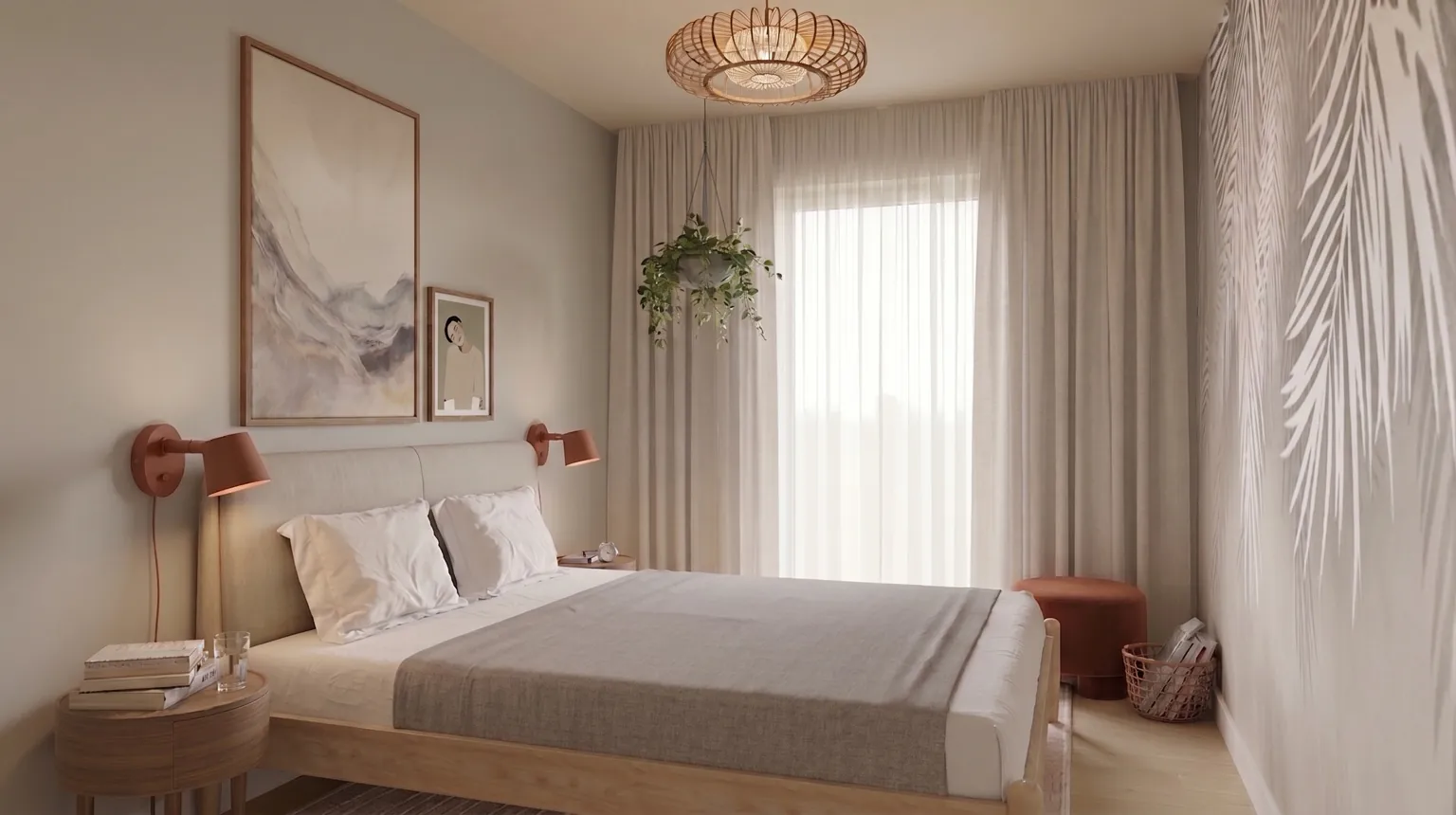 Schlafzimmer mit warmen Farben und Naturmaterialien