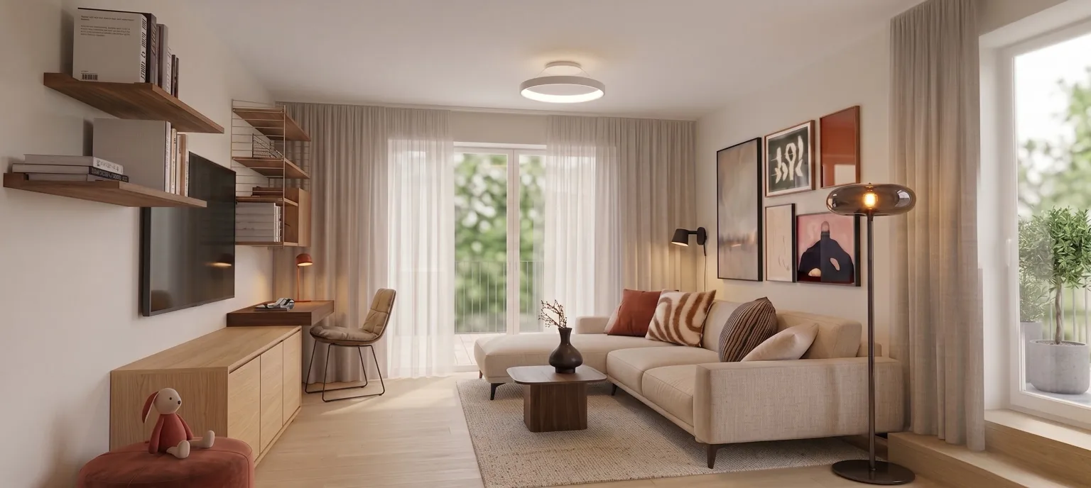 Wohnzimmer mit Sofa und warmen Naturtönen